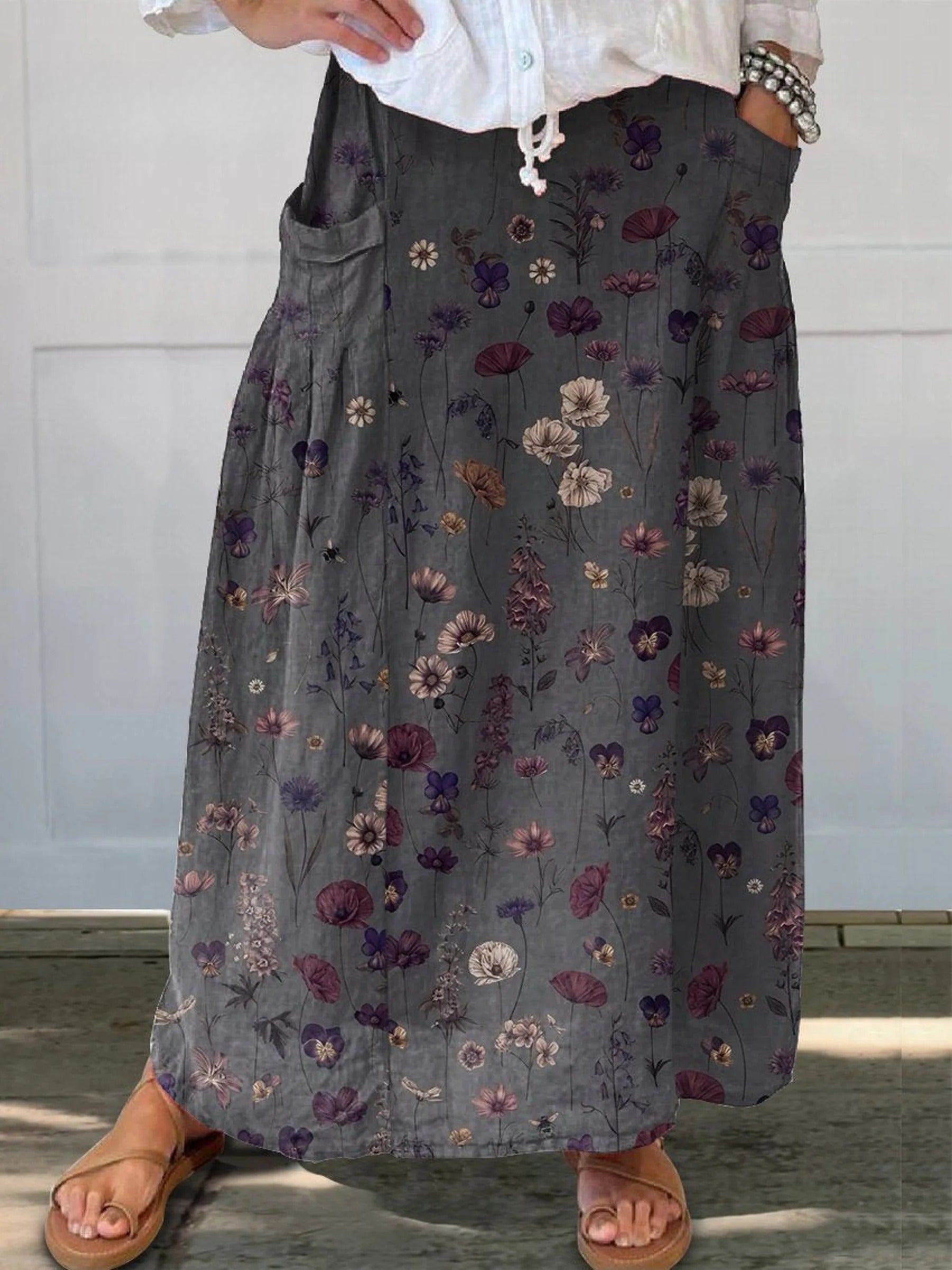 Nerys - Elegant Flower Print Pocket Skirt